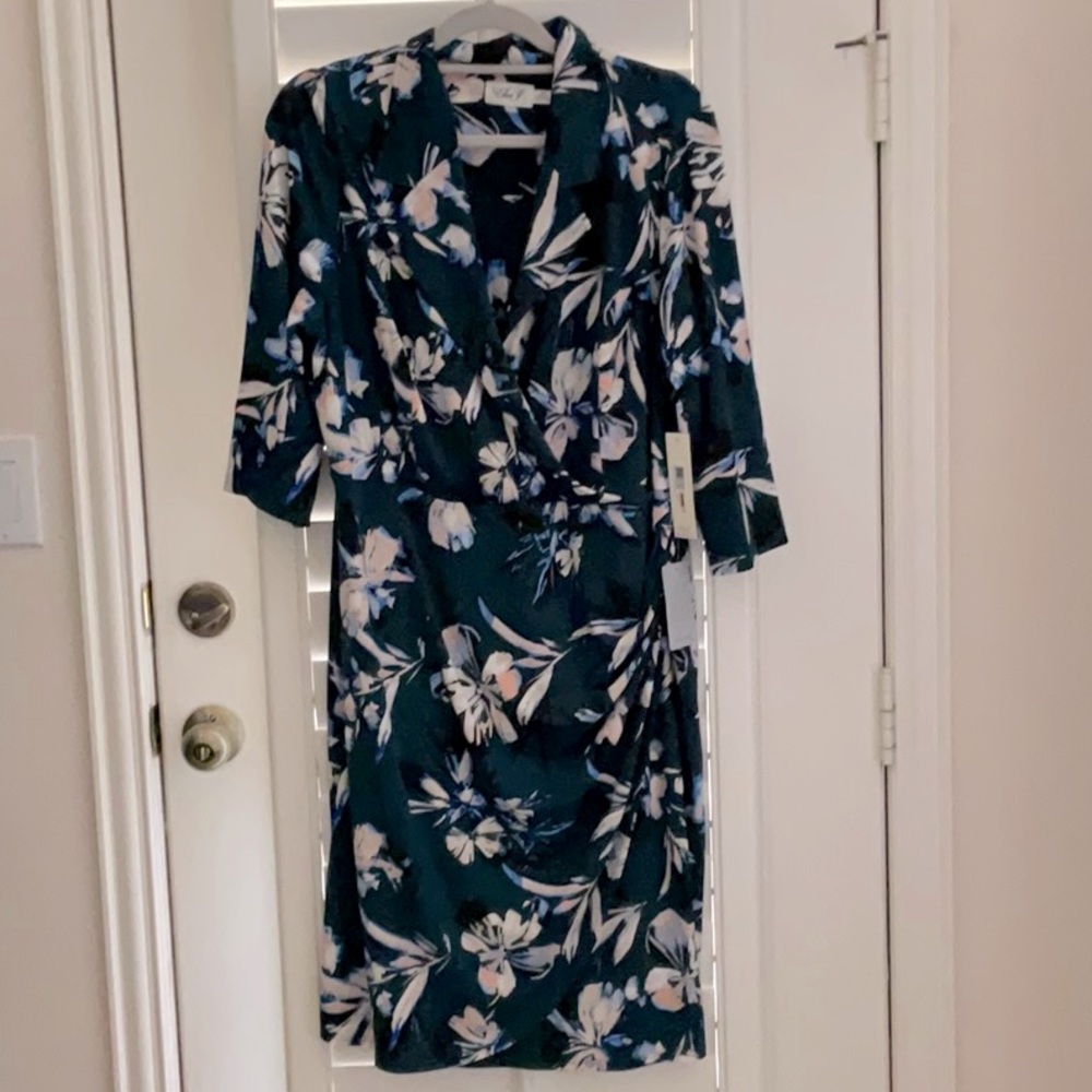 COPY - Eliza J Faux Wrap Dress in Floral Print with Dark Green Background - Siz…